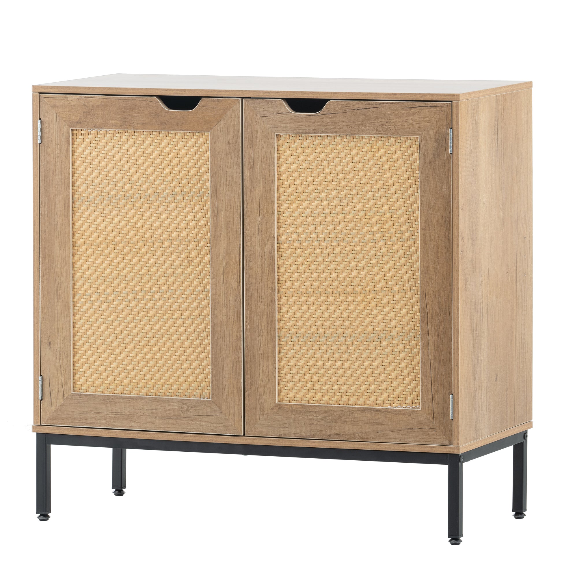 Rustic Accent Storage Cabinet with 2 Rattan Doors, Mid Century Natural Wood Sideboard Furniture for Living Room