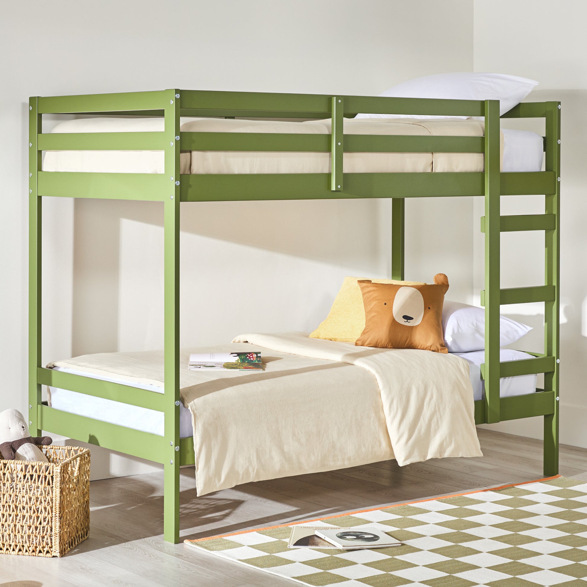 Modern Simple Solid Wood Twin Over Twin Bunk Bed, Olive Green