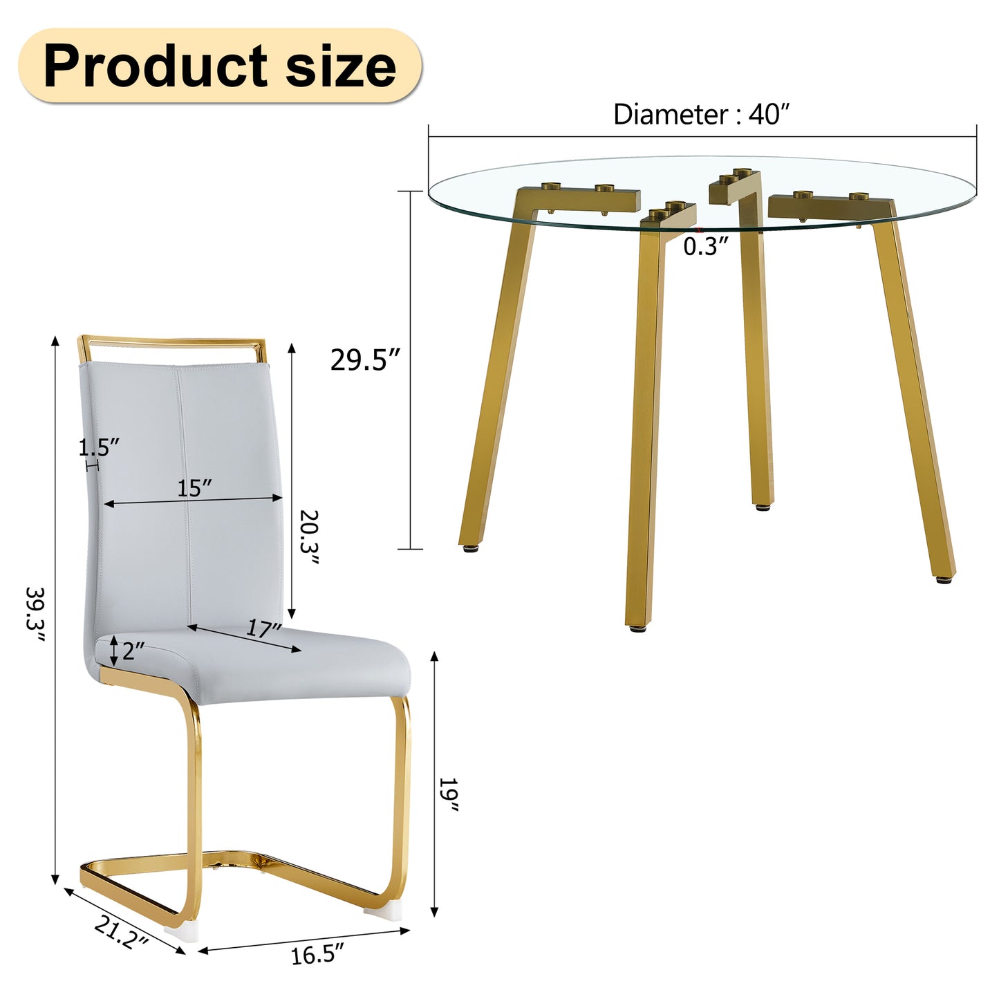 Table and chair set.Modern Luxurious Round Tempered Glass Dining Table Set-40*40 inch with 4 Light Gray PU Chairs.C-tube Gold Metal Chair Legs.Bring a comfortable home experience to the kitchen.