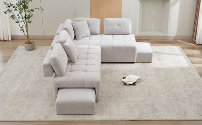 91.73" L-shaped Sofa Sectional Sofa Couch with 2 Stools and 2 Lumbar Pillows for Living Room, Light Grey