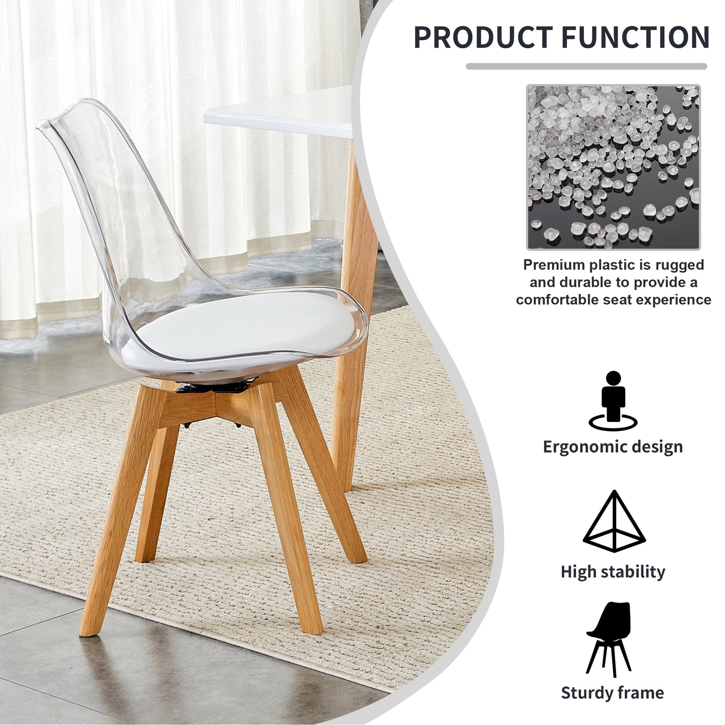 Modern chairs can rotate 360 degrees. The backrest is made of PET material, the seat cushion is made of PU material, and the support legs are made of oak. (Set of 4)