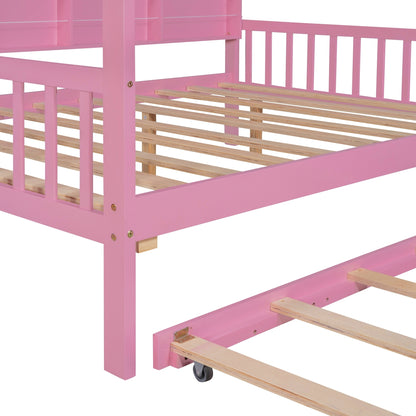 Wooden Full Size House Bed with Trundle,Kids Bed with Shelf,Pink