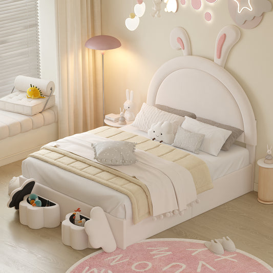 Full size Upholstered Rabbit-Shape Bed with 2 Storage Stools, Velvet Platform Bed with Cartoon Ears Shaped Headboard, White