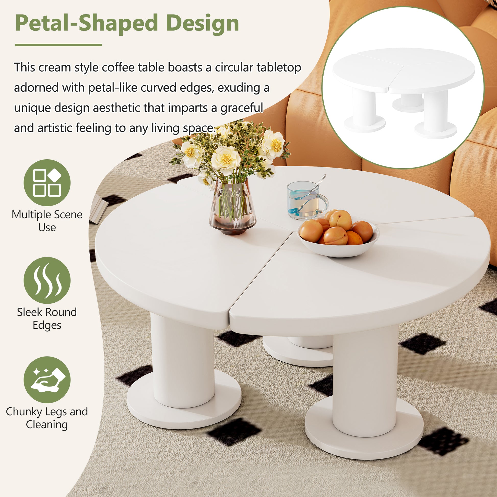 ON-TREND Φ39.4'' Easy Assembly Round Petal-Shaped Coffee Table, Cream Style Center Table with 3 Thick Legs, Minimalist Irregular End Table with Sleek Round Edges for Living Room, White