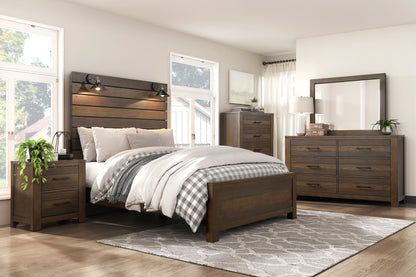 Bold Look Bedroom Furniture Antique Brown Queen Bed Panel Headboard with Built-in Lampshades Wooden Furniture