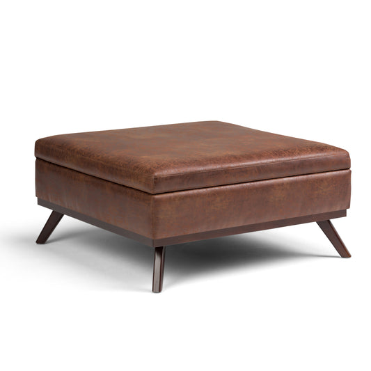 Owen - Square Coffee Table Storage Ottoman - Distressed Saddle Brown