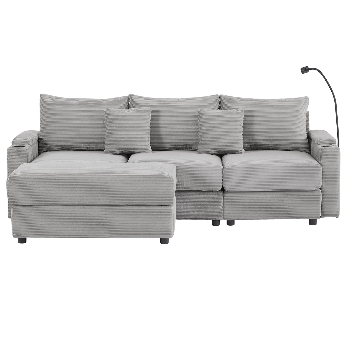 95.3" Modern Style 3-Seater Sofa Sectional Sofa Couch with Storage Space, A Movable Ottoman, Two USB Ports, Two Cup Holders, A Phone Holder for Living Room, Grey