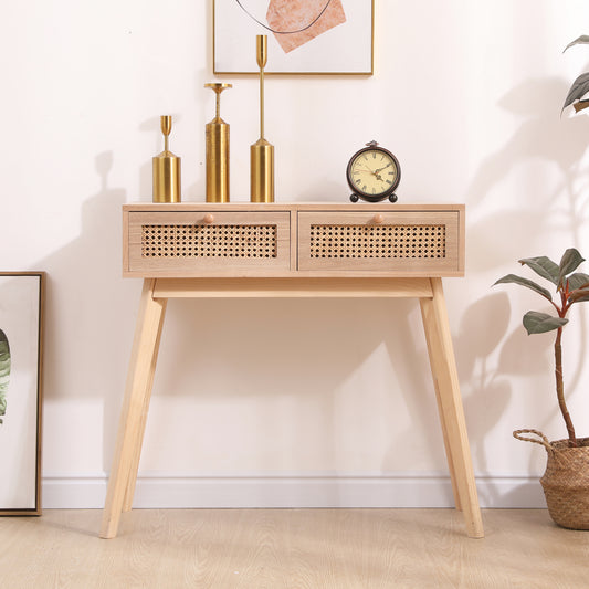 Side table with two real rattan drawers, solid wood table legs,can be used in the dining room, living room,bedroom,entrance,natural