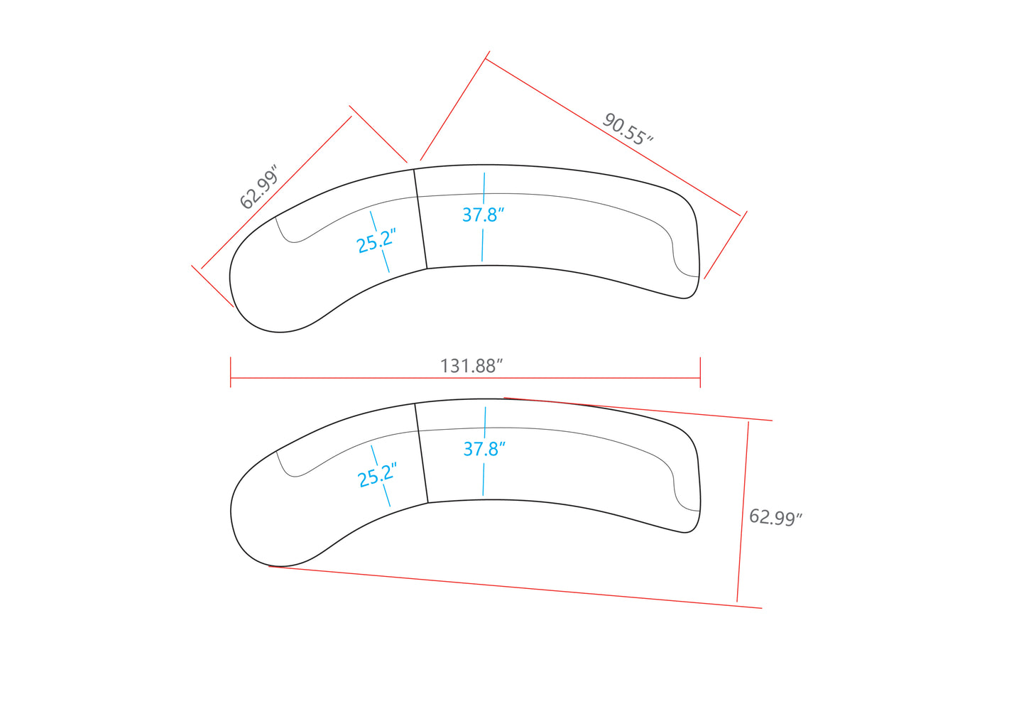 The modern crescent-shaped princess combination fabric sofa (Right Arm 2 Seater+Left Chaise)