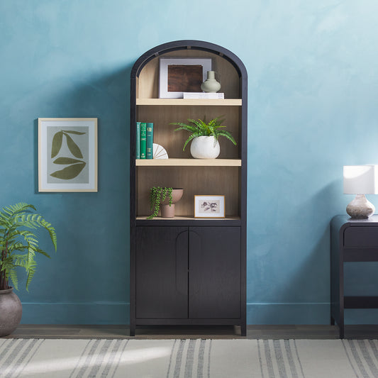 Modern 3 Shelf Open Arched Bookcase Cabinet Oak/Black