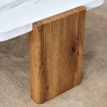 Modern practical MDF coffee table with white tabletop and wooden toned legs. Suitable for living rooms and guest rooms.