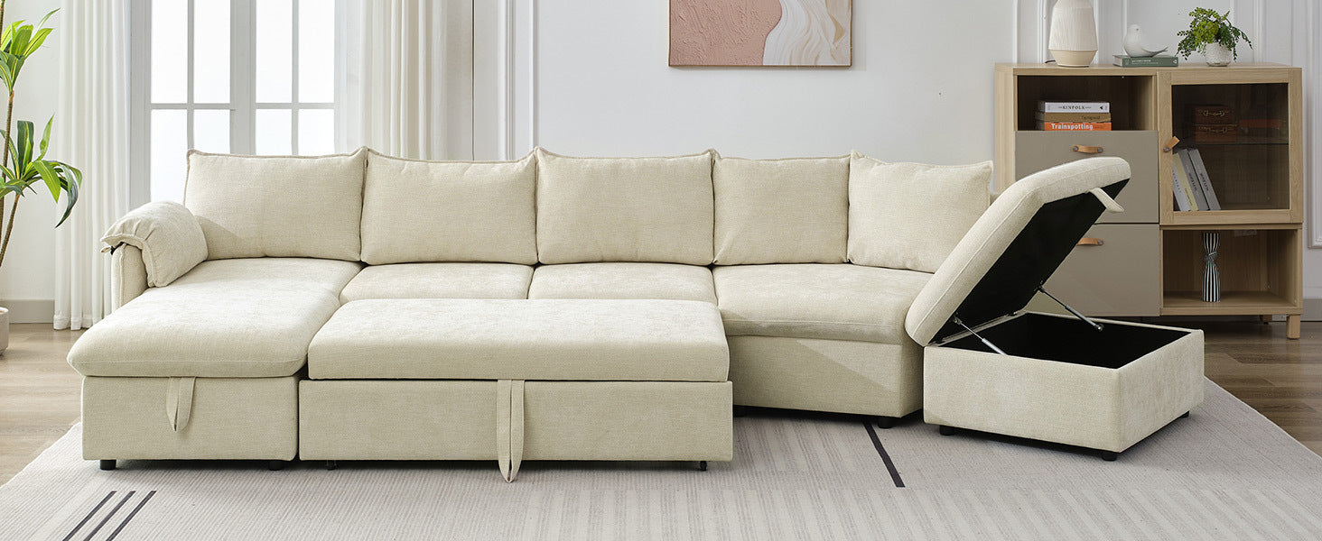 146.9" L-shaped Sofa Sectional Sofa Couch Pull-out Sofa Bed with a Movable Storage Ottoman, a Storage Chaise Lounge and Two USB Ports for Living Room, Beige