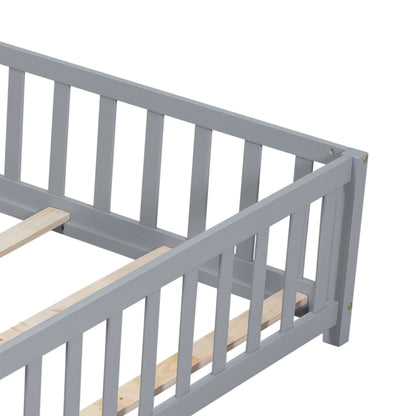 Full Size Floor Platform Bed with Fence and Door for Kids, Montessori Floor Bed Frame with Support Slats for Toddlers, Wooden Floor Bed Grey