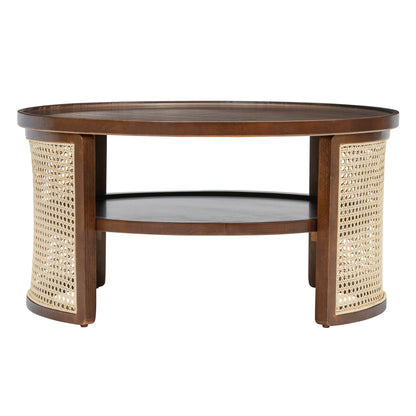 2-Tiered Round Walnut Wood Coffee Table with Storage Rattan Base in 31.3''