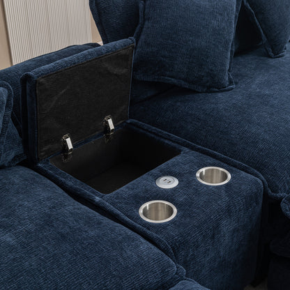 112.6" Sectional Sofa Chenille Upholstered Sofa with Two Removable Ottoman, Two USB Ports, Two Cup Holders and Large Storage Box for Living Room, Blue