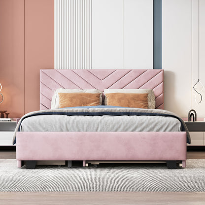 Queen Size Upholstered Platform Bed with Twill Headboard, Pullout Bed and Two Drawers, Flannel,Pink