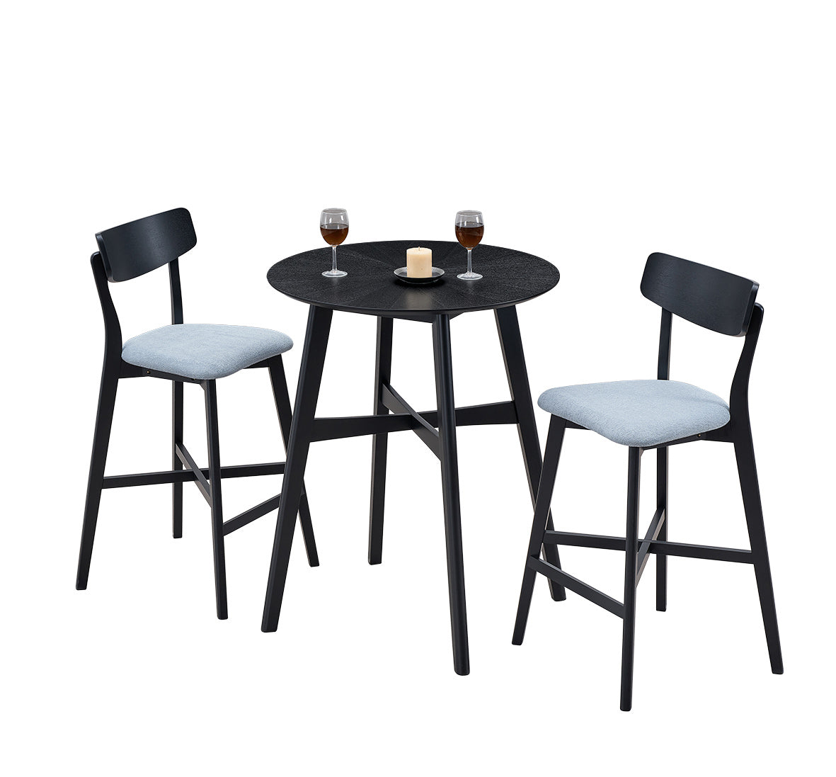 3 Pieces Bar Table Set,Modern Round Counter Height Pub Table, Wooden High Top with Bar Stools Pub Dining Set for Kitchen,Restaurant,Cocktail Bar,Black