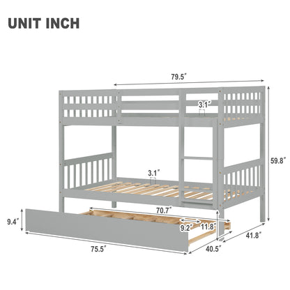 Twin Over Twin Bunk Beds with Trundle, Solid Wood Trundle Bed Frame with Safety Rail and Ladder, Kids/Teens Bedroom, Guest Room Furniture, Can Be converted into 2 Beds,Grey (Old Sku:W504S00027)