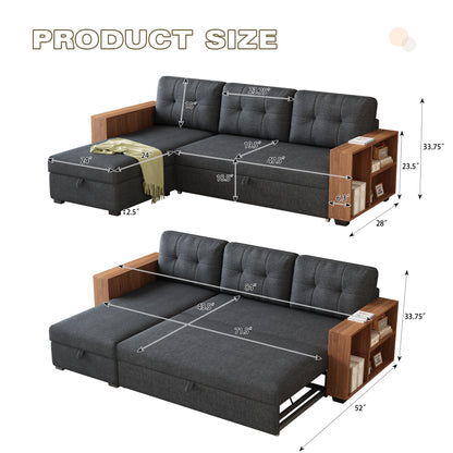 Upholstered Pull Out Sectional Sofa with Storage Chaise, Convertible Corner Couch, Dark Grey-Wooden handrail