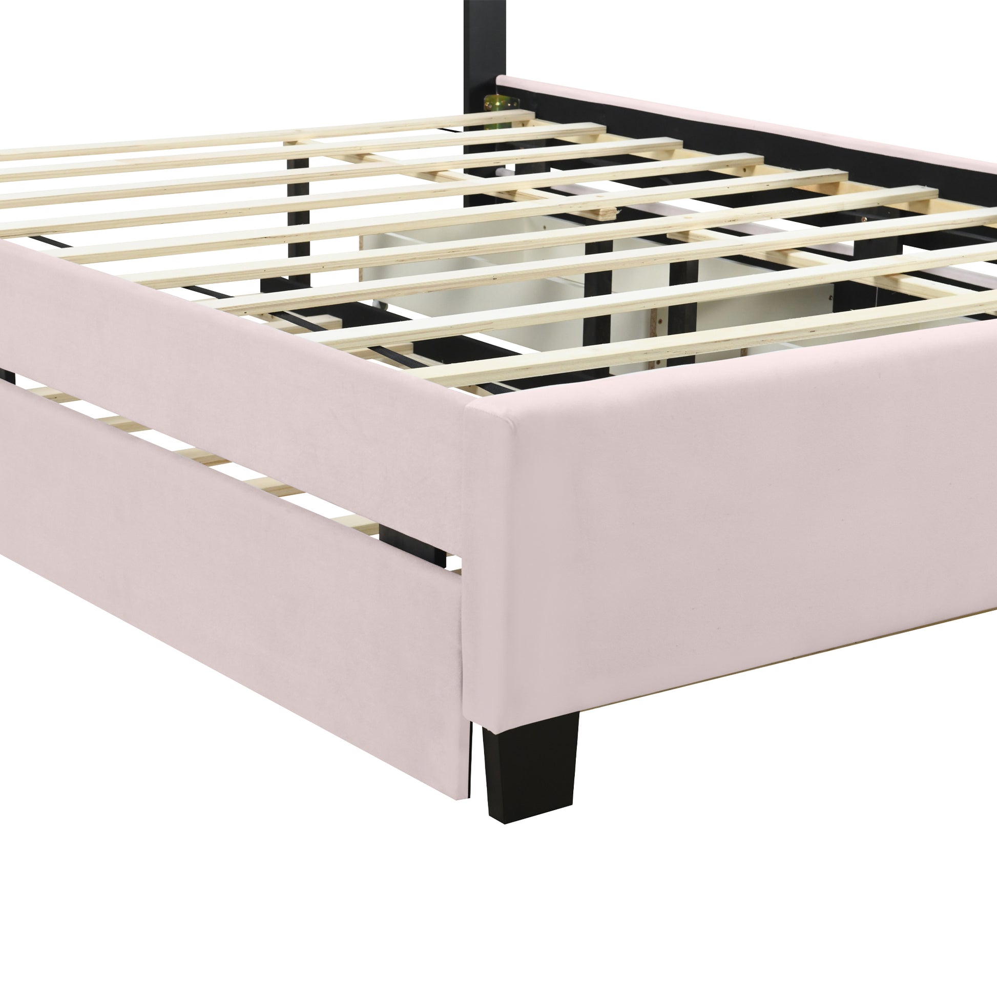 Queen Size Upholstered Platform Bed with 2 Drawers and 1  Trundle, Classic Metal Strip Headboard Design, Pink