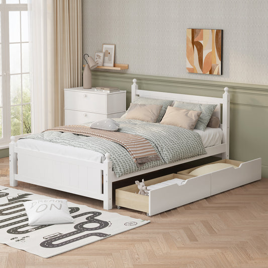 Full Size Solid Wood Platform Bed Frame with 2 drawers for Limited Space Kids, Teens, Adults, No Need Box Spring, White