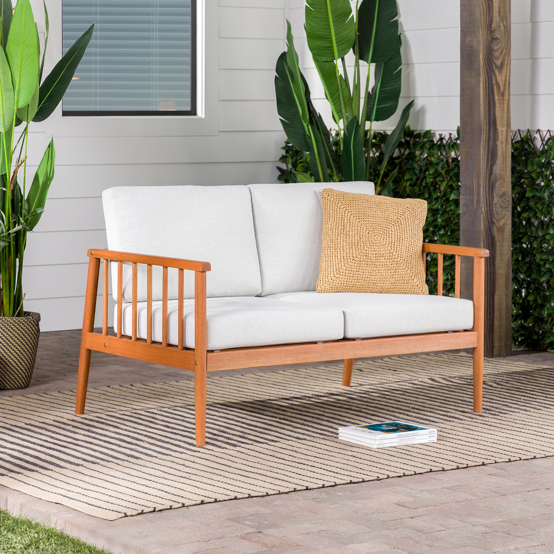 Contemporary Cushioned Eucalyptus Wood Patio Loveseat – Brown