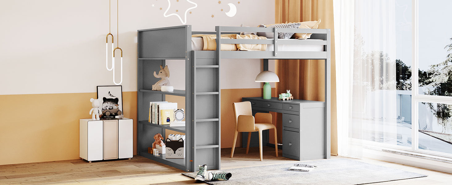 Full Size Loft Bed with Ladder, Shelves, and Desk, Gray