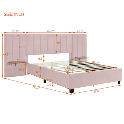 Queen Size Upholstered Platform Bed with Big Headboard, Bedroom Furniture, Velvet, Pink