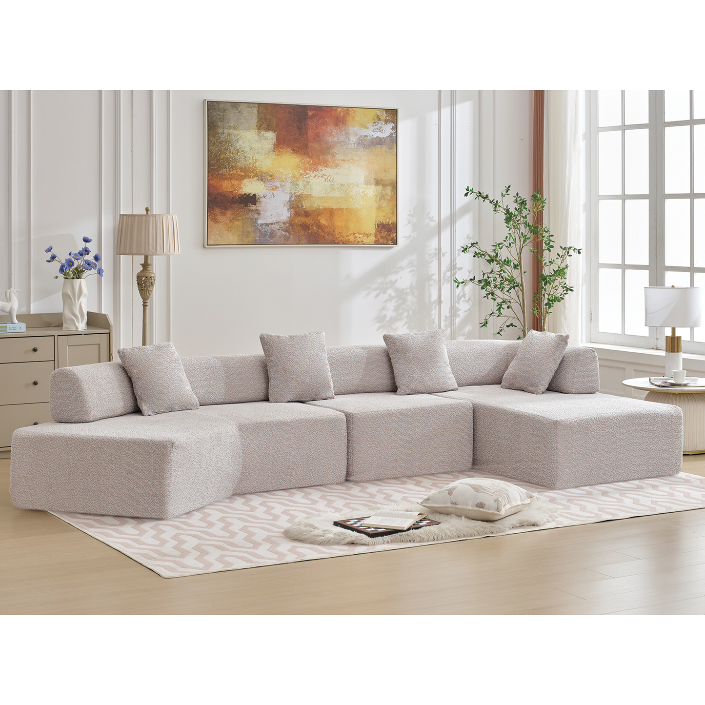 [NEW ARRIVED] [VIDEO PROVIDED]Modern Minimalist 140" L-Shape Couch ,No Assembly Required,Boucle,Modular Sofa ,Couch with Chaise,Free Combination Foam-Filled Sofa, 4 Seats, Gray