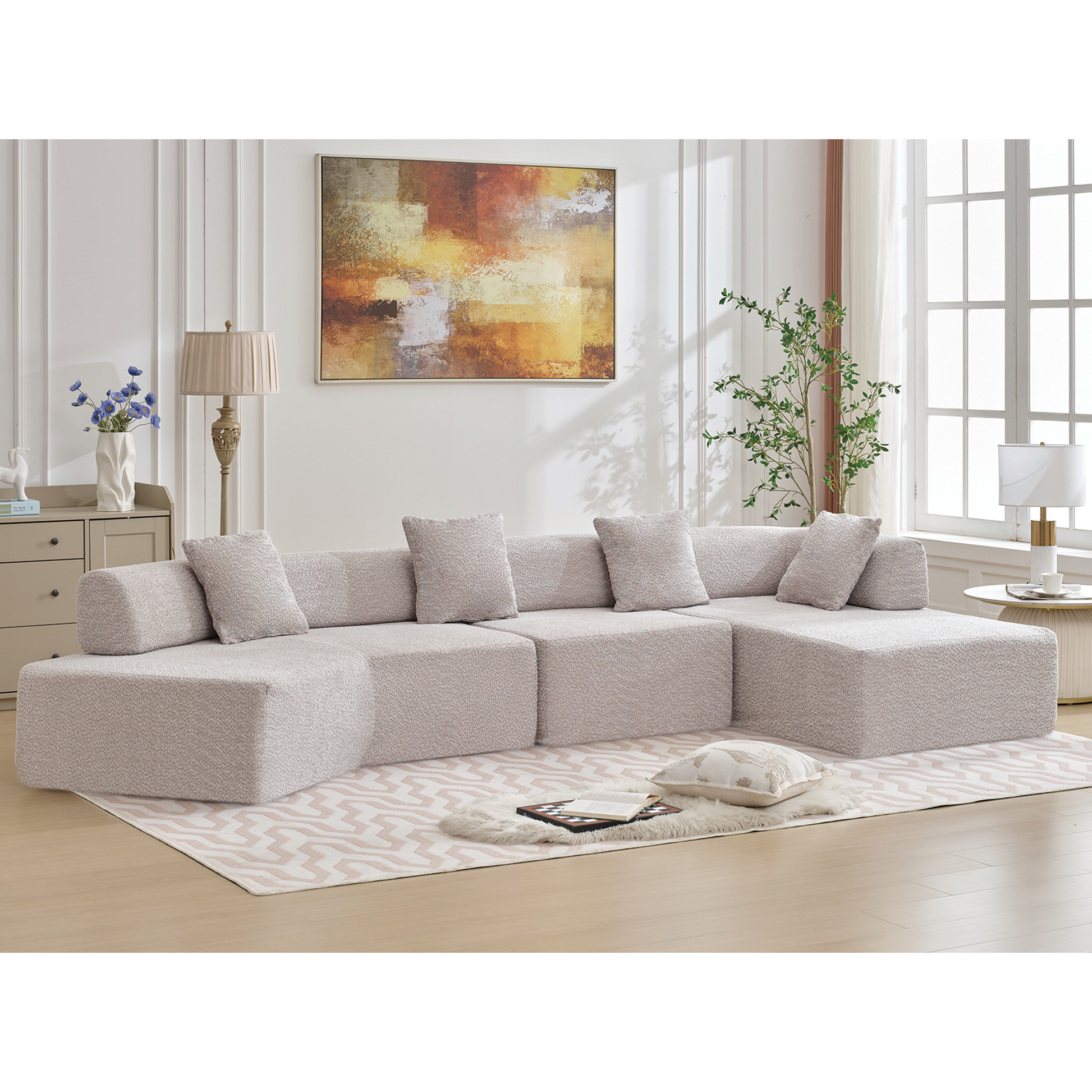 [NEW ARRIVED] [VIDEO PROVIDED]Modern Minimalist 140" L-Shape Couch ,No Assembly Required,Boucle,Modular Sofa ,Couch with Chaise,Free Combination Foam-Filled Sofa, 4 Seats, Gray