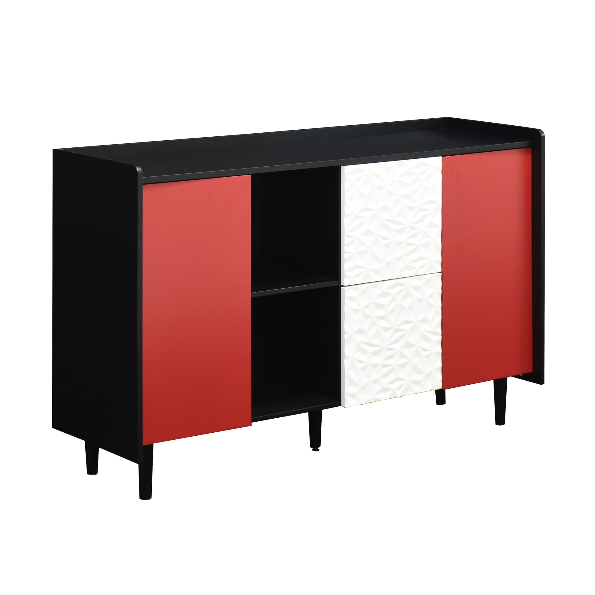 Sideboard Buffet Cabinet, Black Storage Cabinet with Red Doors , 2 Drawers with unique panel styling and 2 Open Storage Compartment, Modern Coffee Bar Cabinet Accent Cabinet for Kitchen, Dining Room,