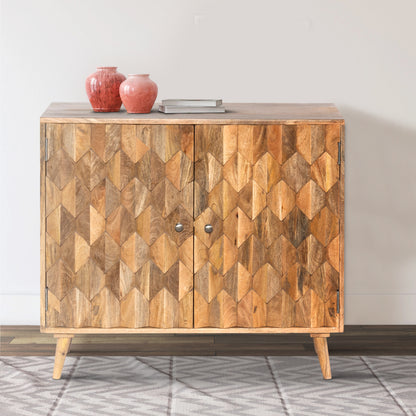 36 Inch Handcrafted Accent Cabinet, 2 Honeycomb Inlaid Doors, Mango Wood, Natural Brown