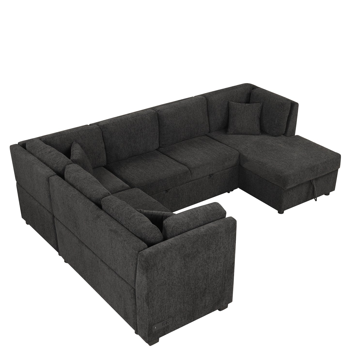 108.6" U-shaped Sectional Sofa Pull out Sofa Bed with Two USB Ports, Two Power Sockets, Three Back Pillows and a Storage Chaise for Living Room, Black