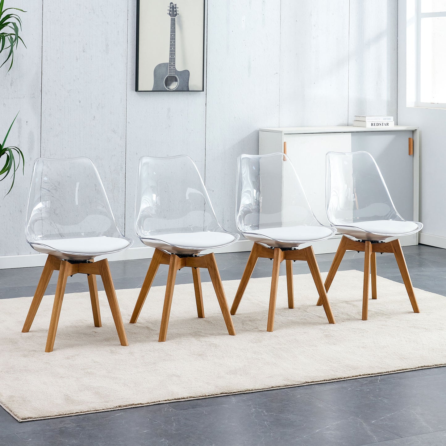 Modern chairs can rotate 360 degrees. The backrest is made of PET material, the seat cushion is made of PU material, and the support legs are made of oak. (Set of 4)