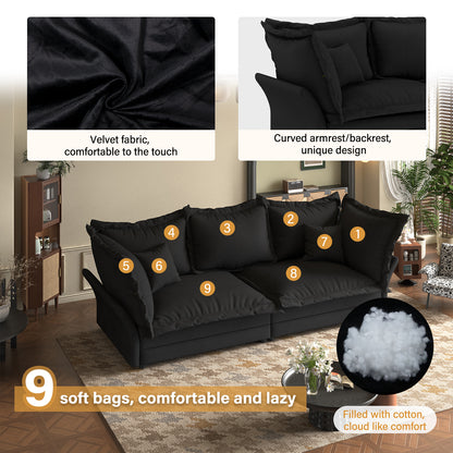 90.55" Modern Comfy Upholstered Sofa Cloud Couch, Deep Seat Couches with Multiple Large Soft Pillows,Convertible Deep Seat Chaise Longue for Living Room Bedroom,Apartment,Office,BLACK