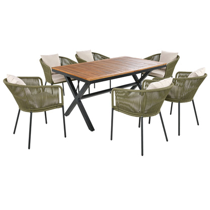 GO 7 Pieces Patio Dining Set, All-Weather Outdoor Furniture Set with Dining Table and Chairs, Acacia Wood Tabletop, Metal Frame, for for Garden, Backyard, Balcony, Green