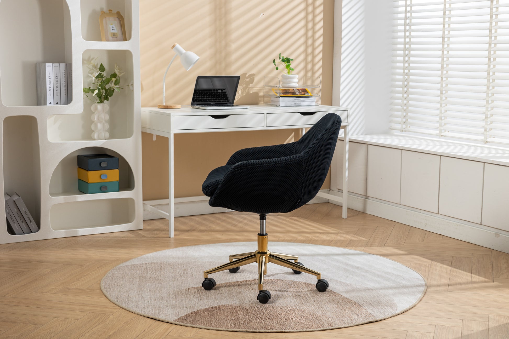 046-Mesh Fabric Home Office 360°Swivel Chair Adjustable Height With Gold Metal Base,Black