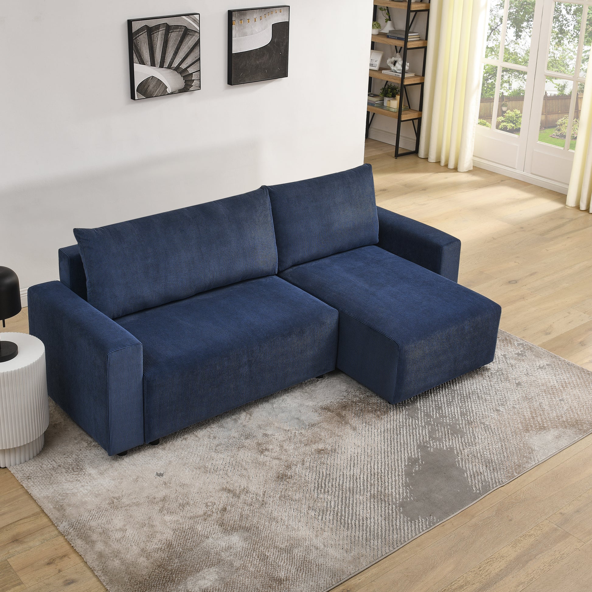 Modular Corduroy Upholstered 3 Seater Sofa Bed with Storage for Home Apartment Office Living Room, Free Combination, L Shaped , Blue