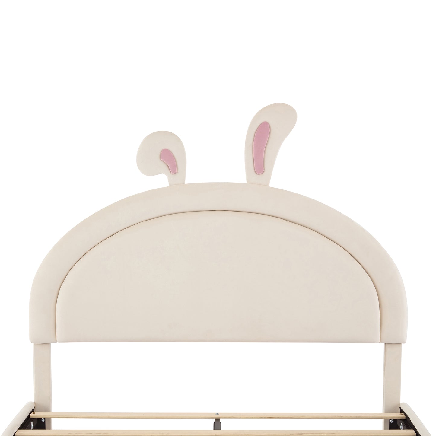 Full size Upholstered Rabbit-Shape Bed with 2 Storage Stools, Velvet Platform Bed with Cartoon Ears Shaped Headboard, White