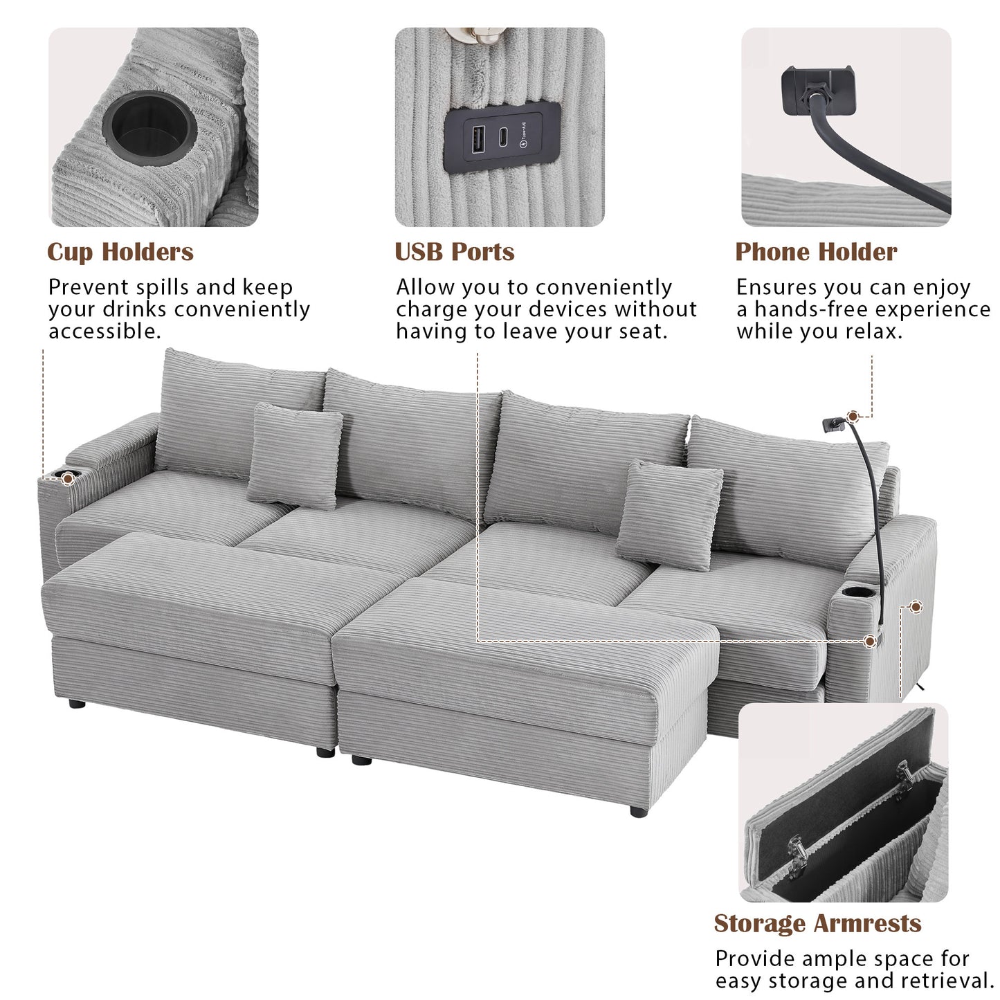 123.2" Modern Style 4-seater Sofa Sectional Sofa Couch with Storage Space, Two Movable Ottomans, Two USB Ports, Two Cup Holders, A Phone Holder for Living Room, Grey