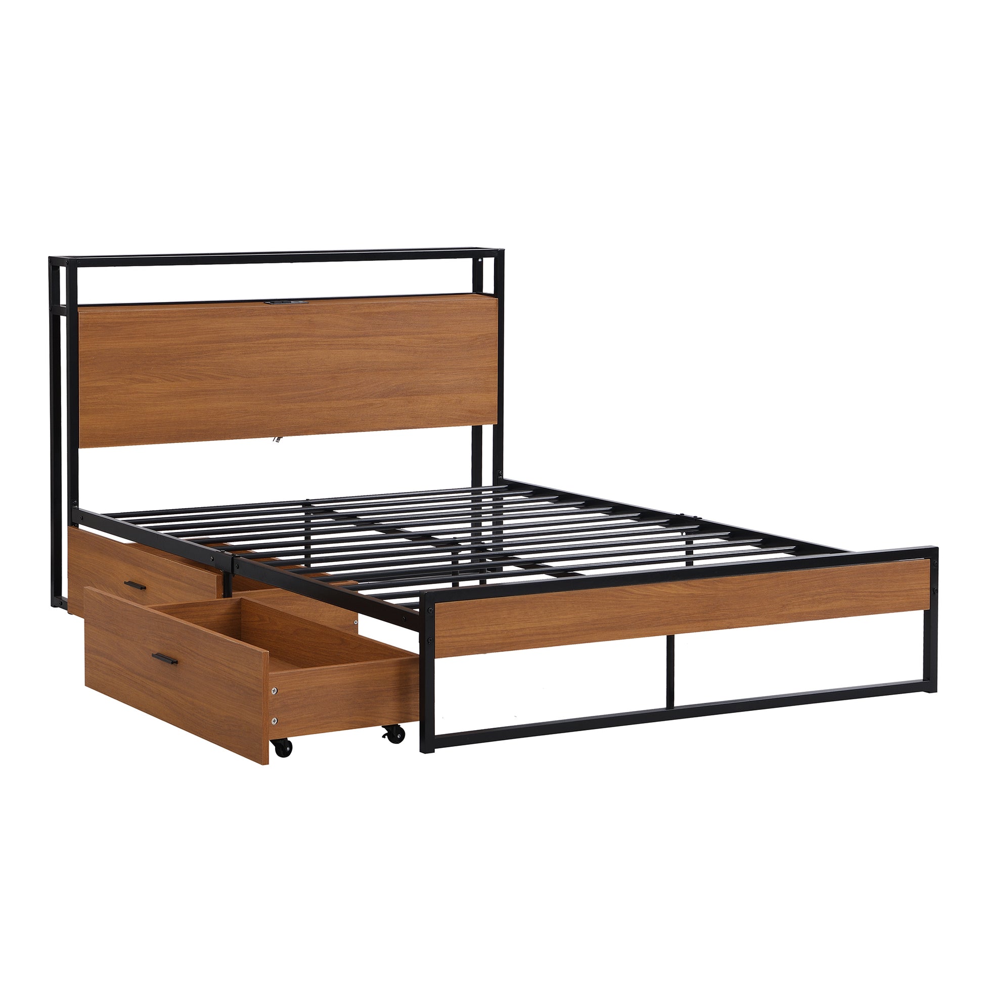 Full Size Metal Platform Bed Frame with  Two Drawers,Sockets and USB Ports ,Slat Support No Box Spring Needed Black