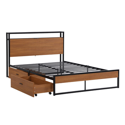 Full Size Metal Platform Bed Frame with  Two Drawers,Sockets and USB Ports ,Slat Support No Box Spring Needed Black