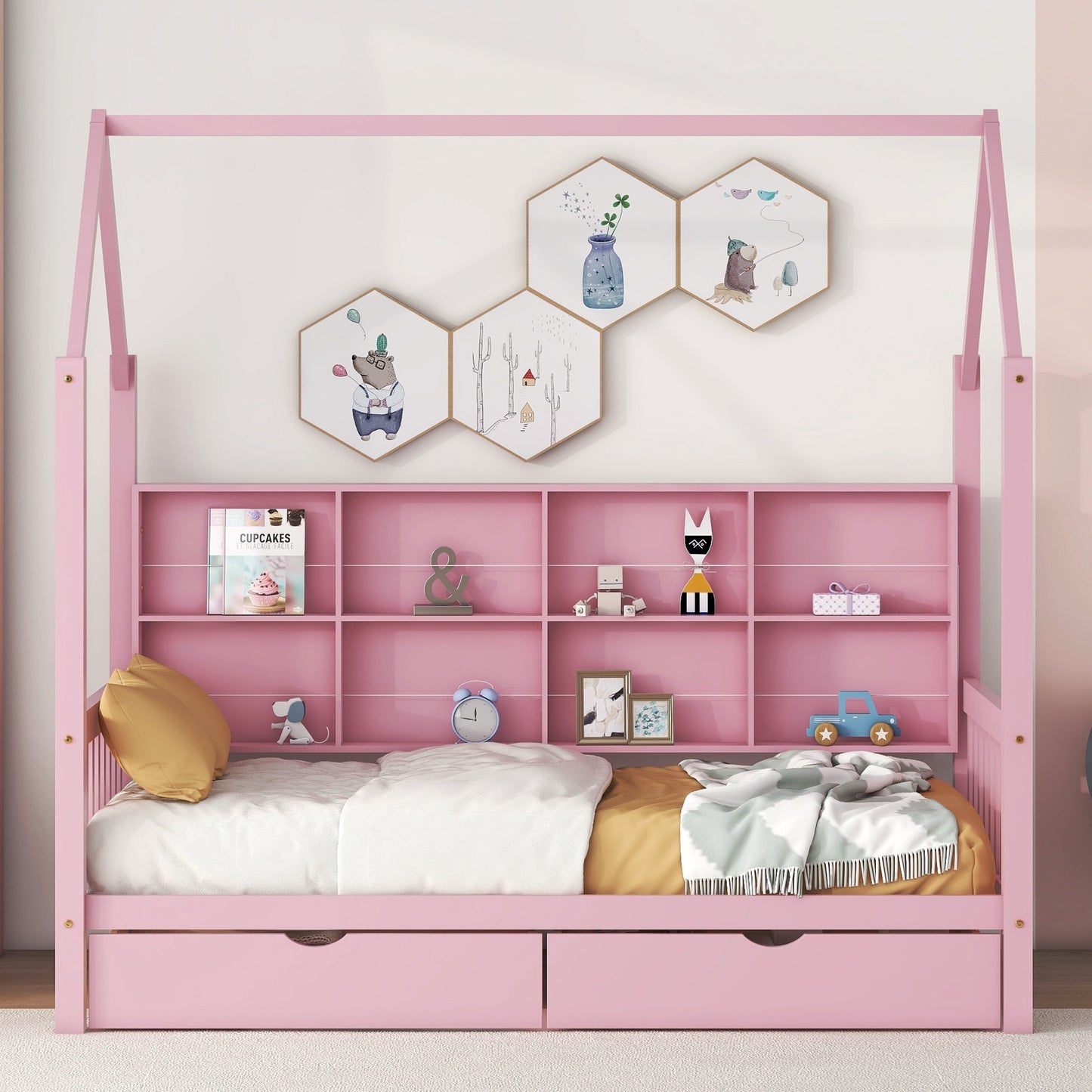 Wooden Twin Size House Bed with 2 Drawers,Kids Bed with Storage Shelf, Pink