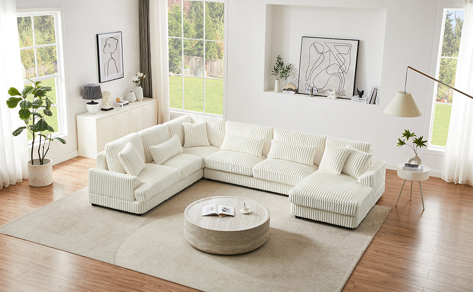 129" Oversized Sectional Sofa U-shaped Sofa Couch Modern Sofa Upholstered in Soft Corduroy with a Chaise Lounge for Living Room, Beige