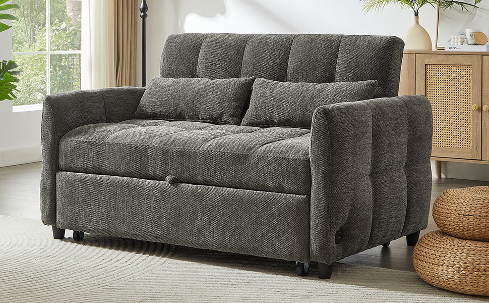 52.8" Loveseat Sofa Pull-out Sofa Bed Tufted Sleeper Sofa with an Adjustable Backrest, Three USB Ports and Two Lumbar Pillows for Living Room, Grey