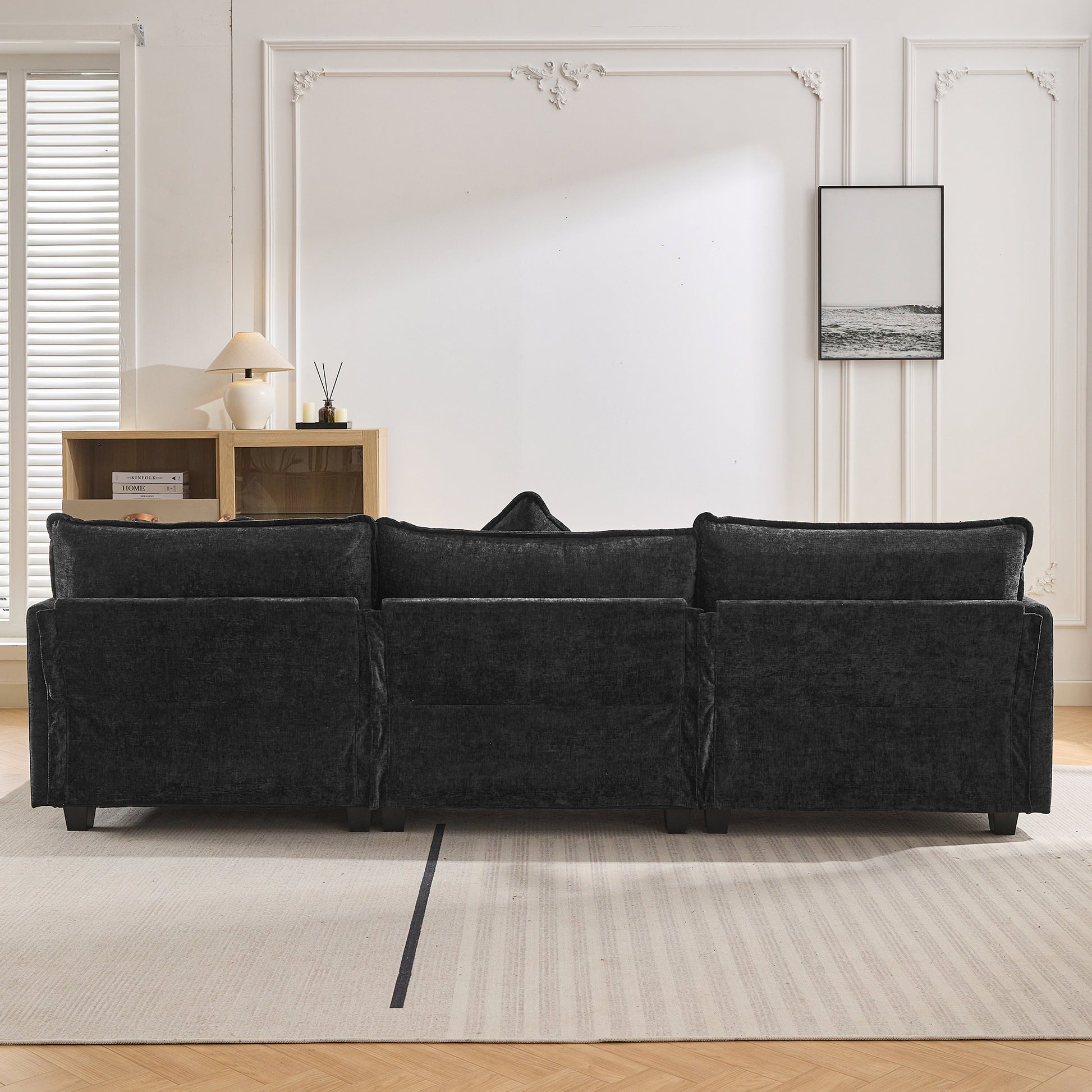 112.2" L-Shape Chenille Upholstered Sofa for Living Room Modern Luxury Sofa Couch with Ottoman and 5 Pillows for Living Room (SG001160AA), Black