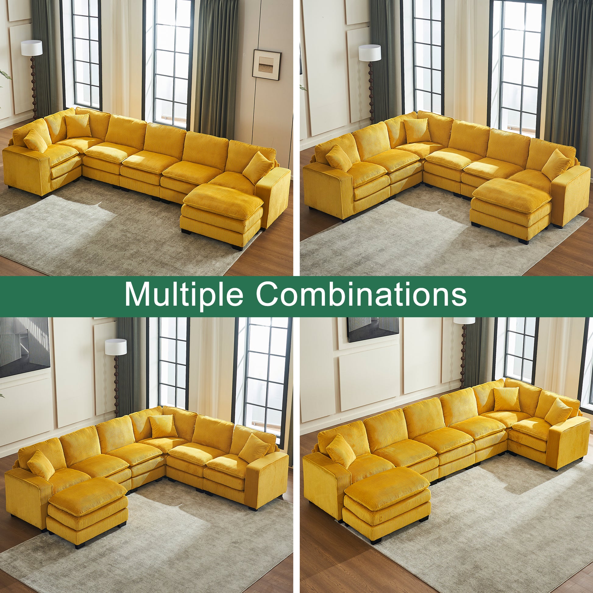 Modern U Shaped 6-seat Sectional Sofa Couch with one Ottoman and three toss pillows ,Modular Sofa for Living Room,Corduroy sofa