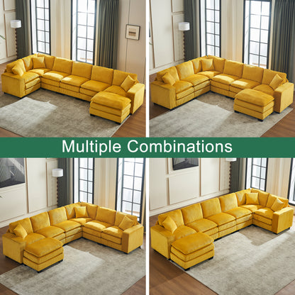 Modern U Shaped 6-seat Sectional Sofa Couch with one Ottoman and three toss pillows ,Modular Sofa for Living Room,Corduroy sofa