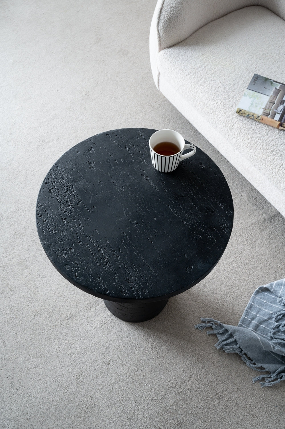 22x22x25.5" Black Cement Round Side Table with Pedestal Base