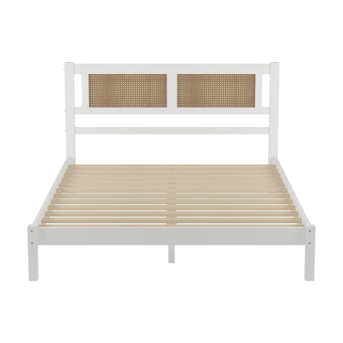 Queen Size Wood Platform Bed with Natural Rattan Headboard,Exquisite Elegance with Minimalist Charm for Bedroom,White